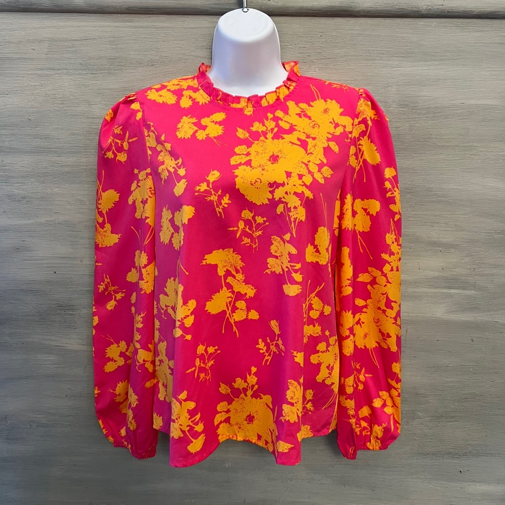 Shein Hot Pink Orange Floral Print High Ruffle Collar Blouse Size Medium GC